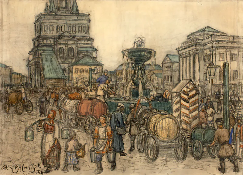 Сухаревская площадь у водоразборного фонтана. 1870 год