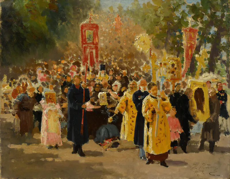 Крестный ход в дубовом лесу. Явленная икона
