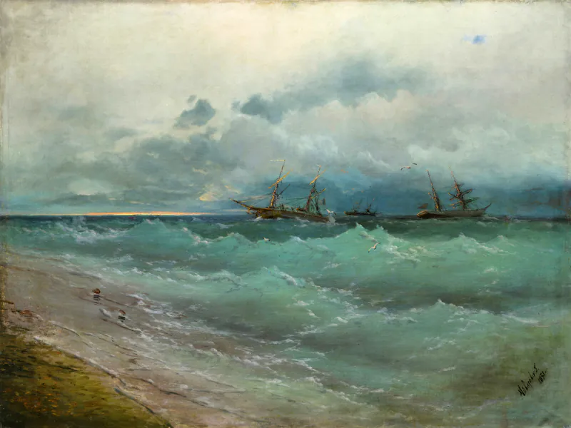 Корабли в бурном море. Восход солнца