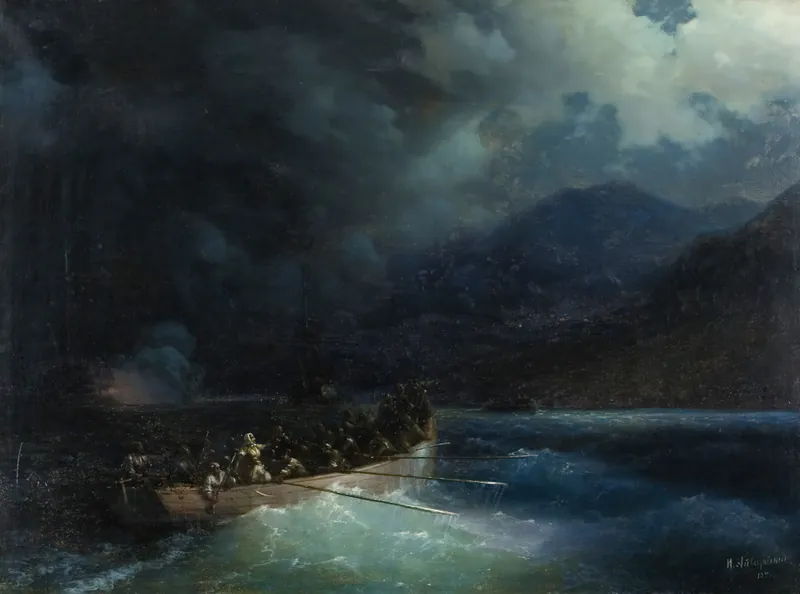 Героиня Боболина с охотниками прорывается под градом выстрелов на катере сквозь турецкий флот, блокировавший Навина в 1827 году