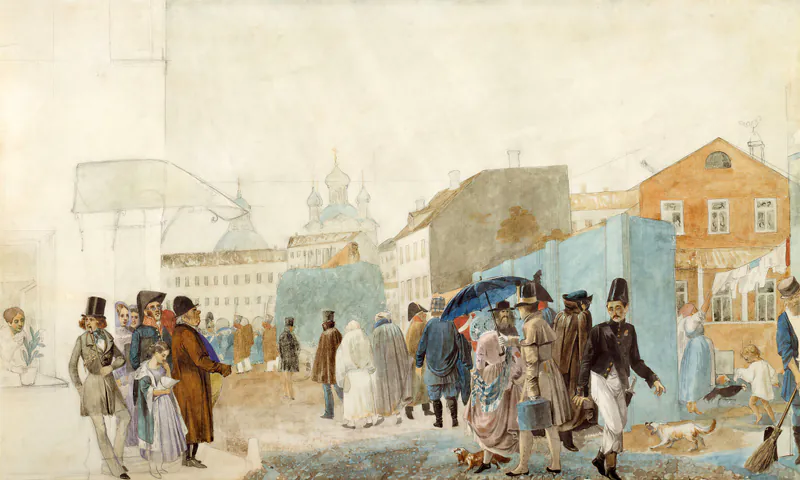 Уличная сцена в Москве во время дождя